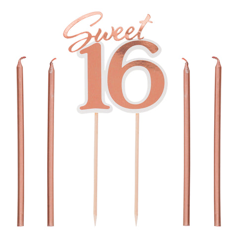 Sweet 16 Rose Gold Glitter Cake Topper + 4 Stick Candles Kit
